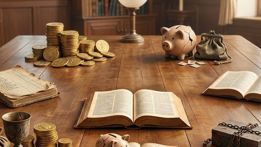 Mesa de madeira com moedas douradas, cofrinhos de porquinho rachados