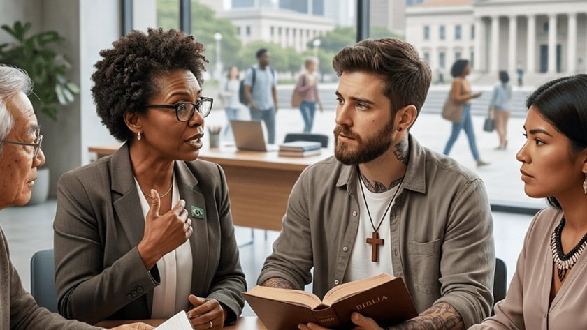 Três pessoas conversam em uma mesa com martelo de juiz, relógio e Bíblia, diante de janela.
