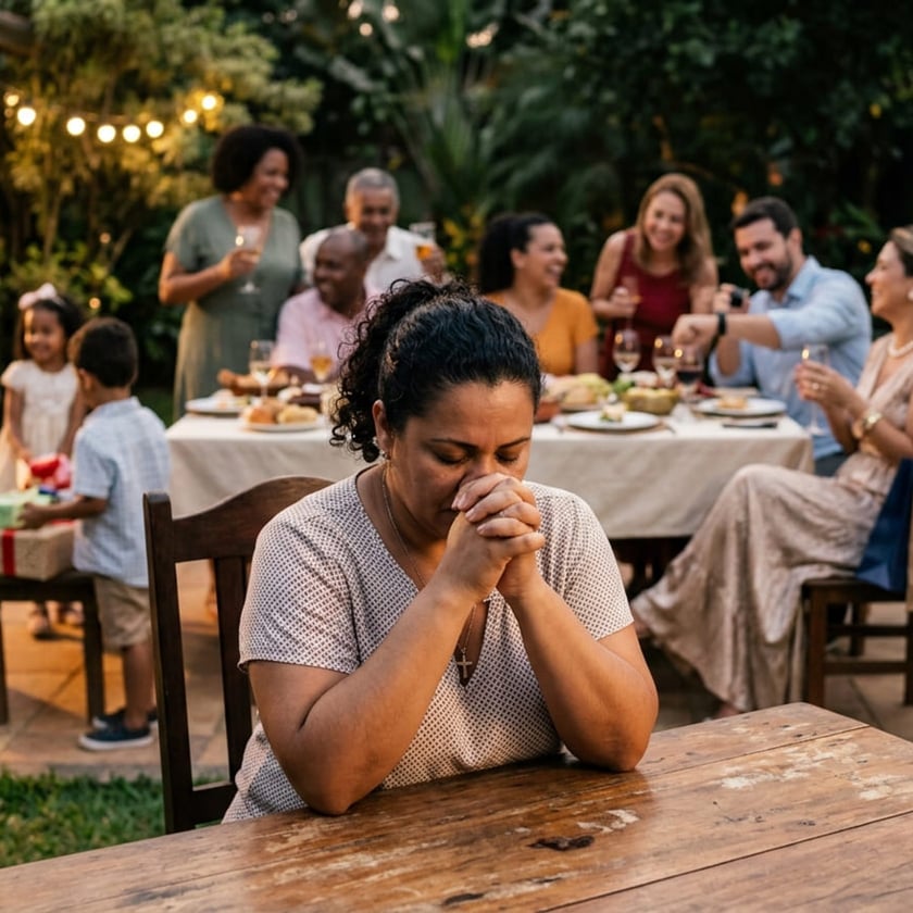 Mulher de mãos juntas e olhos fechados à mesa, enquanto família festeja ao fundo.