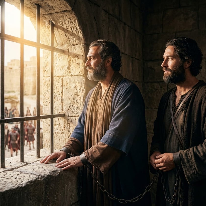 Dois homens acorrentados olham, de uma cela de pedra, soldados romanos na rua.