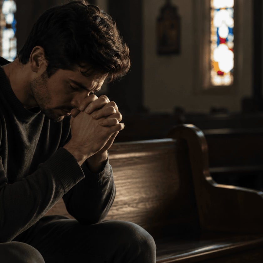Homem de cabelo escuro, com as mãos unidas junto ao rosto, sentado em um banco de igreja.