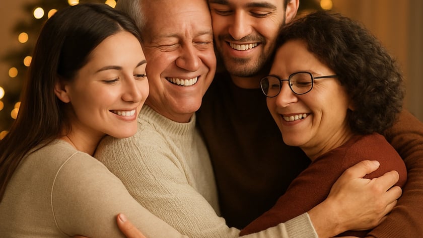 Quatro pessoas se abraçam sorrindo diante de uma árvore de Natal iluminada.