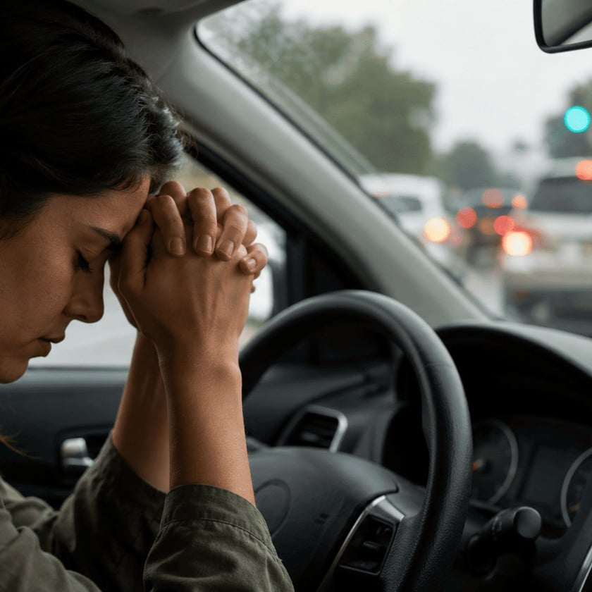 Mulher ao volante de um carro com a testa apoiada nas mãos entrelaçadas, em trânsito parado.