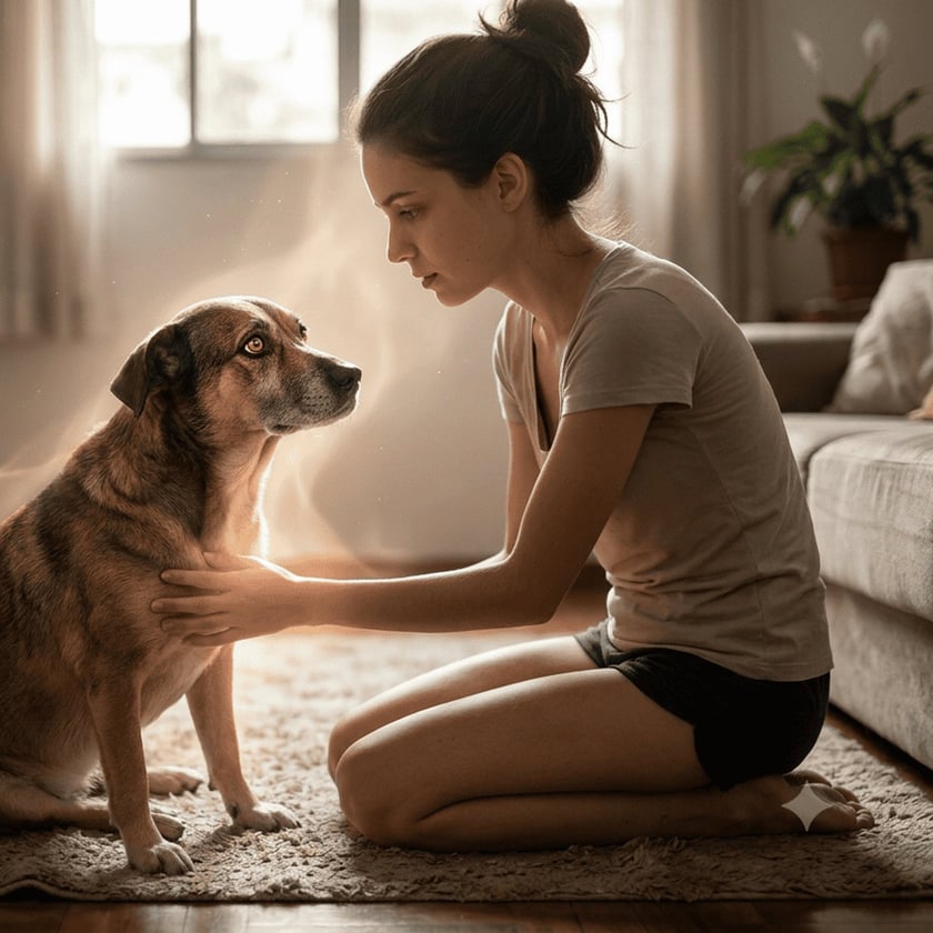 Mulher ajoelhada em uma sala acaricia o peito de um cachorro sentado no tapete.