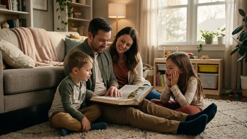 Família sentada no tapete da sala, olhando juntos um livro grande aberto.