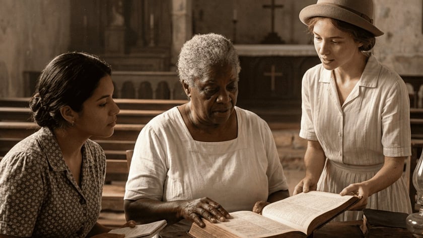 Três mulheres ao redor de uma mesa em uma igreja antiga, lendo uma Bíblia grande.