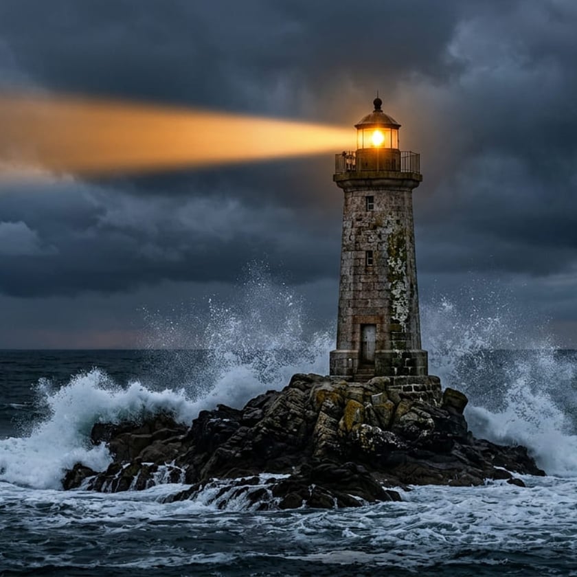 Farol de pedra aceso sobre rochedo, com ondas batendo sob nuvens escuras.