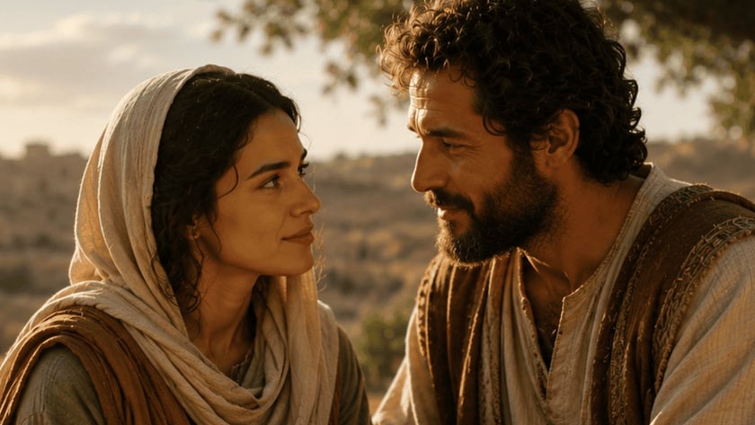 Mulher com véu e homem barbudo trocam olhares enquanto seguram um feixe de trigo ao ar livre.