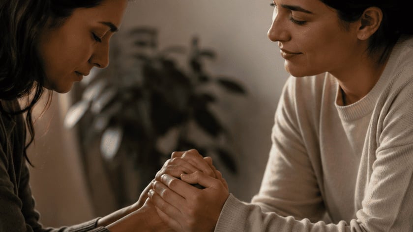 Duas mulheres sentadas de mãos dadas em uma sala, uma delas de cabeça baixa e olhos fechados.