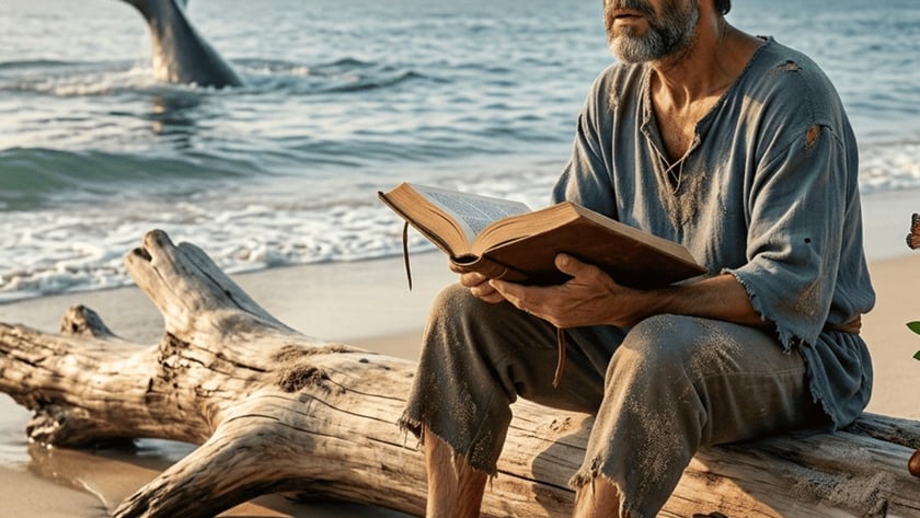 Homem barbudo de roupas rasgadas lê um livro sobre um tronco na praia, com baleia ao fundo.