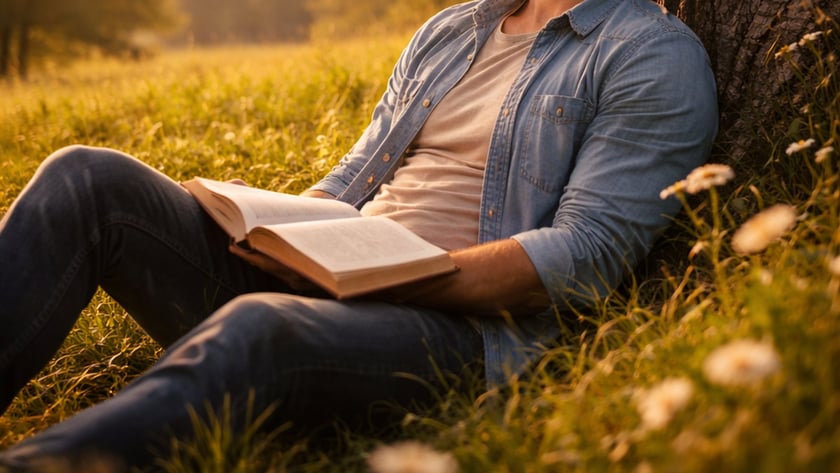 Homem de barba, com um livro aberto no colo, descansa encostado numa árvore no campo.