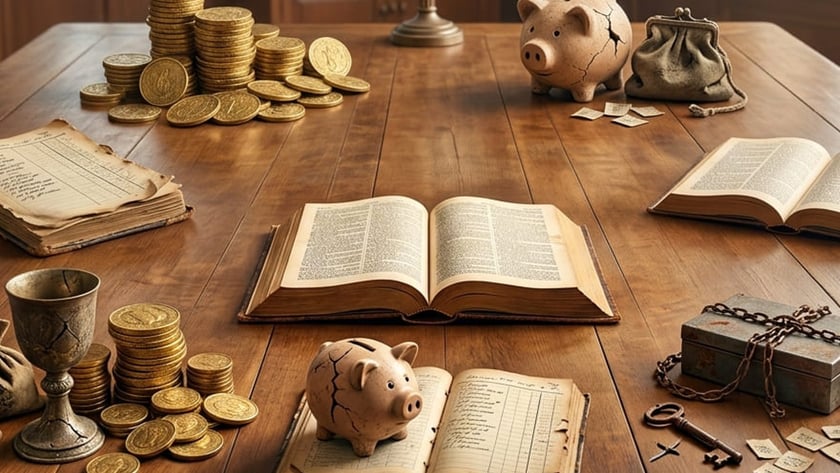 Mesa de madeira com moedas douradas, cofrinhos de porquinho rachados