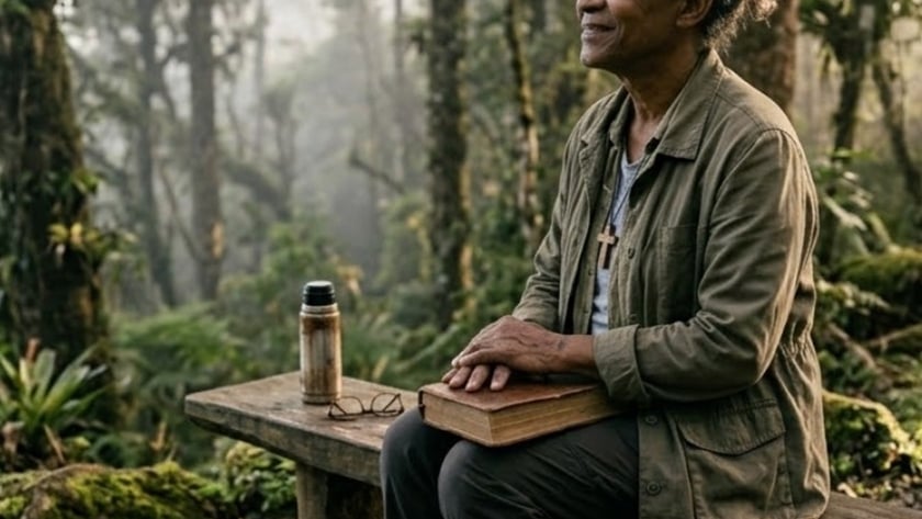 Banco de madeira com garrafa térmica e óculos, ao lado de pessoa com livro em floresta nublada.