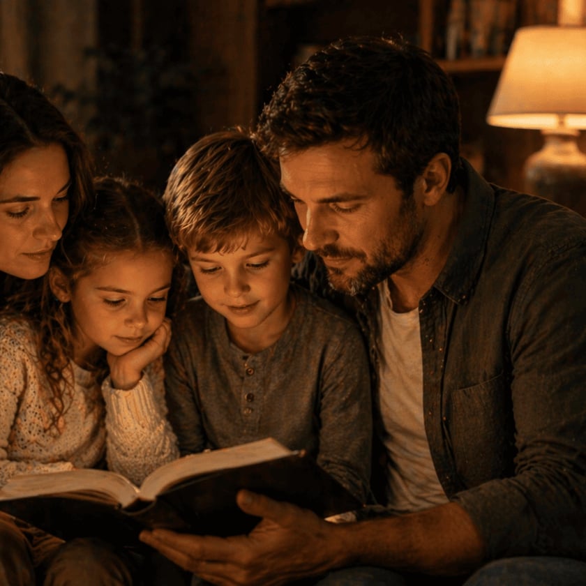 Família com dois filhos lendo juntos um livro grande no sofá, ao lado de uma luminária.