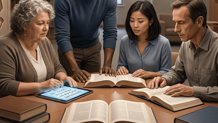Quatro pessoas estudam livros abertos e um tablet numa biblioteca