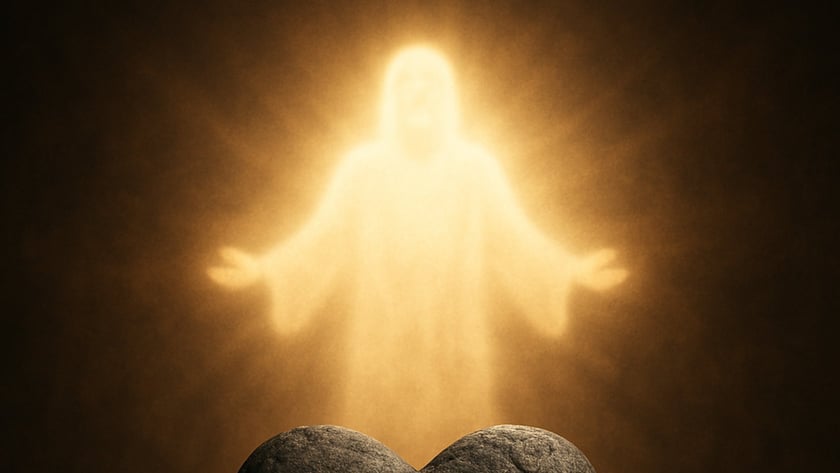 Coração de pedra escura diante de uma figura luminosa de braços abertos.