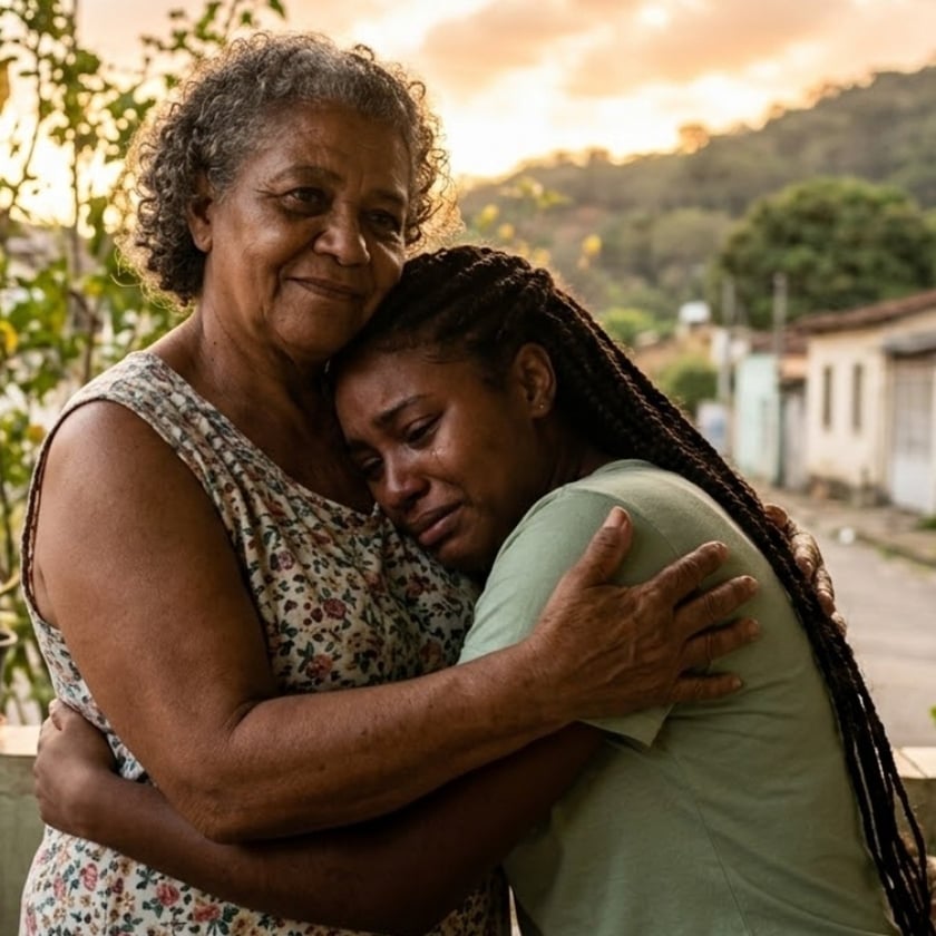 Mulher idosa abraça mulher mais jovem em lágrimas, numa rua de bairro com morros ao fundo.