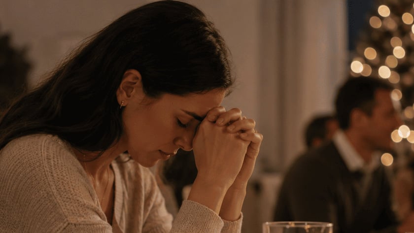 Mulher de cabeça baixa e mãos unidas à mesa de Natal posta, com pessoas ao fundo.