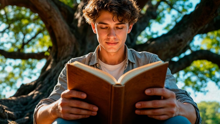 Jovem de cabelo castanho encaracolado lê um livro sentado sob uma grande árvore.