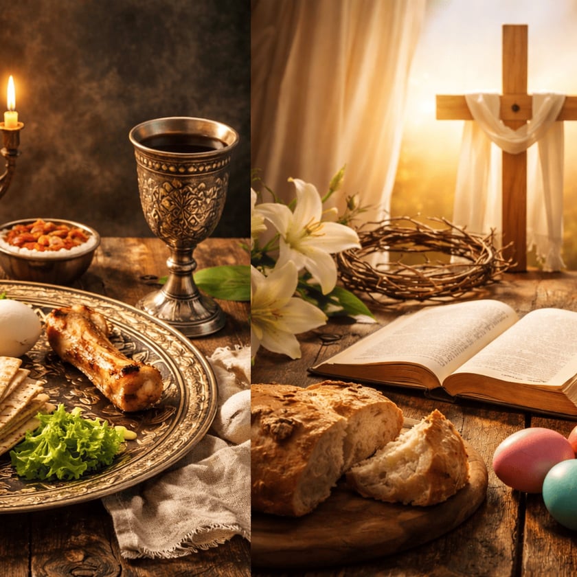 Mesa de Pessach com matzá e cálice, ao lado de cruz, lírios, Bíblia e pão.