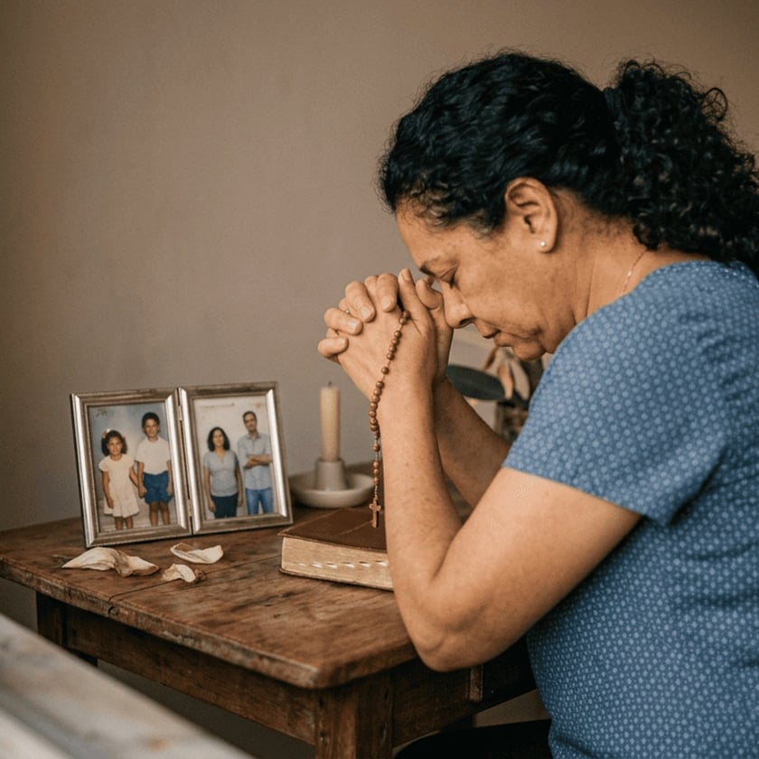 Mulher de cabelo escuro reza com um terço diante de porta-retratos, vela e Bíblia.