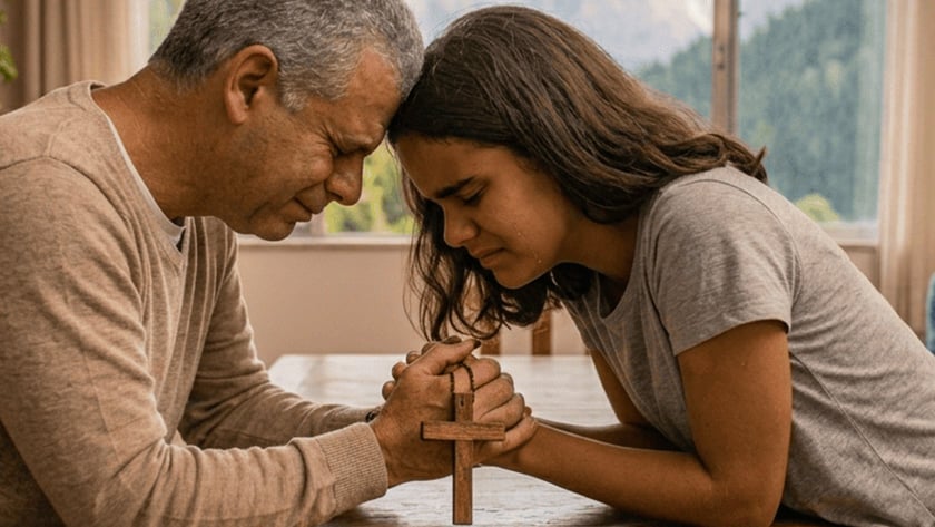 Homem e jovem rezam de mãos dadas com um crucifixo, e uma mulher reza ao fundo.