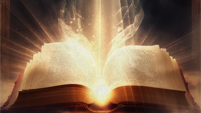 Livro grande aberto sobre piso de pedra, com feixe de luz saindo das páginas.