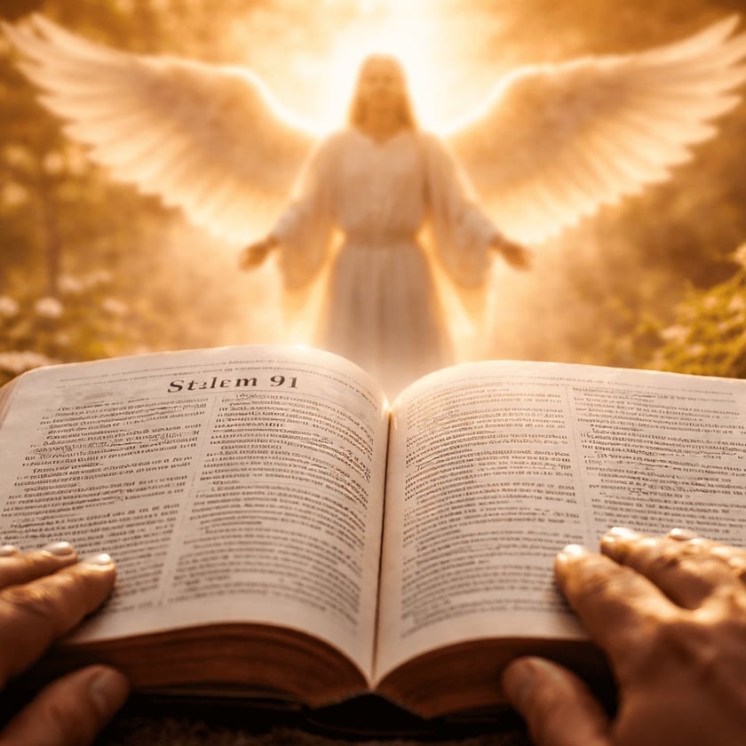 Mãos seguram uma Bíblia aberta diante de um anjo de asas brancas com braços abertos: "Stalem 91"