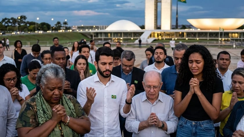 Grupo de pessoas de olhos fechados e mãos juntas rezando diante de edifício com duas torres.