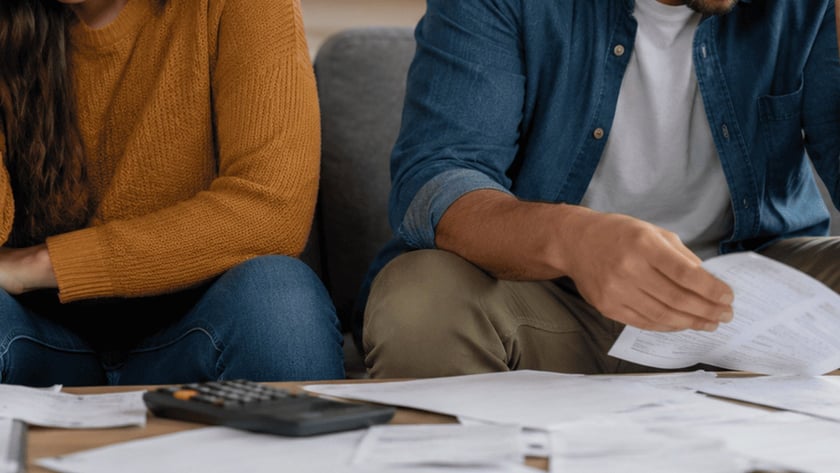 Homem e mulher sentados no sofá, de cabeça baixa, com contas e calculadora na mesa.