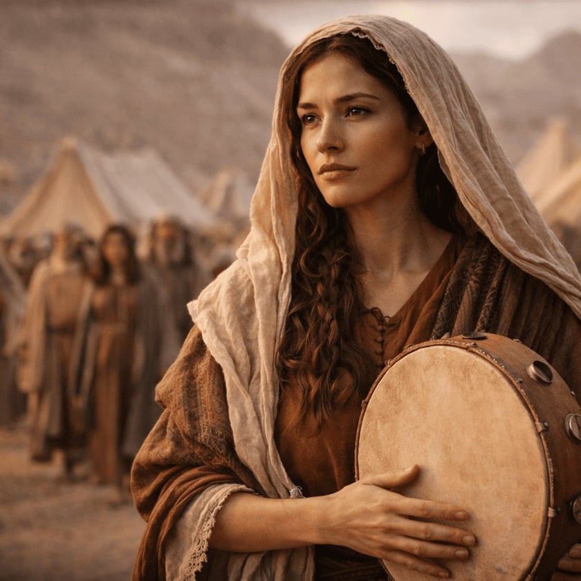 Mulher de manto e véu claro segura um pandeiro diante de tendas no deserto.