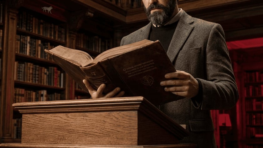 Homem barbudo de paletó de tweed lê um livro grande em um atril numa biblioteca.