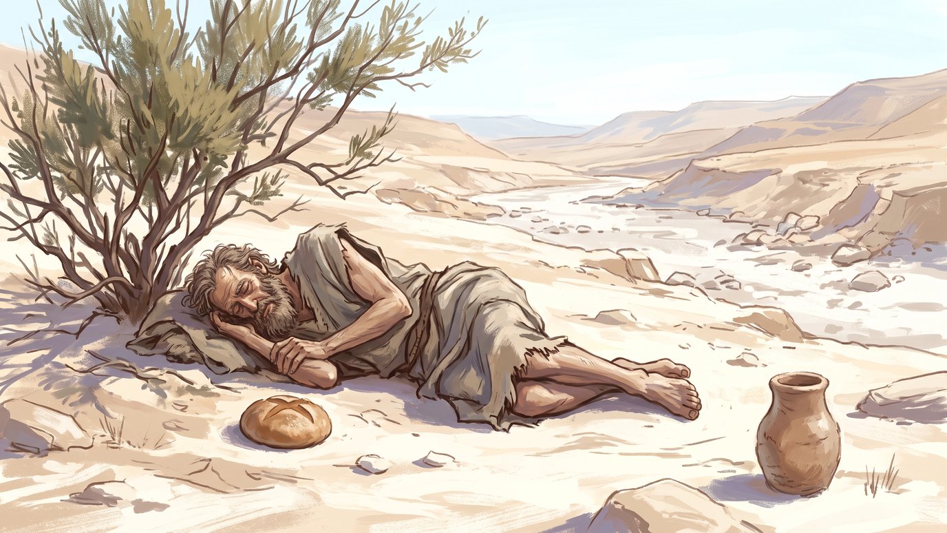 Homem barbudo dorme sob um arbusto no deserto, ao lado de um pão e de uma jarra.