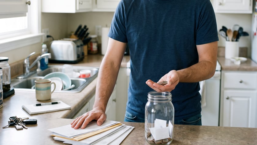 Homem na cozinha segura moedas sobre um pote, com contas empilhadas no balcão.