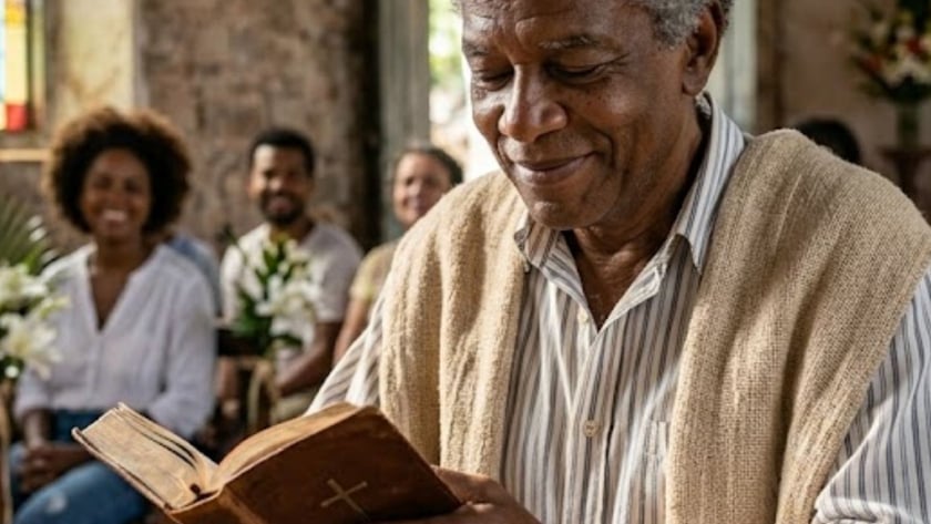 Homem grisalho lê uma Bíblia num banco de igreja, com pessoas sorrindo ao fundo.