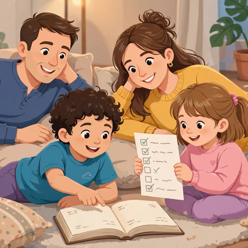 Família deitada na sala olha um livro aberto e uma lista com itens marcados.