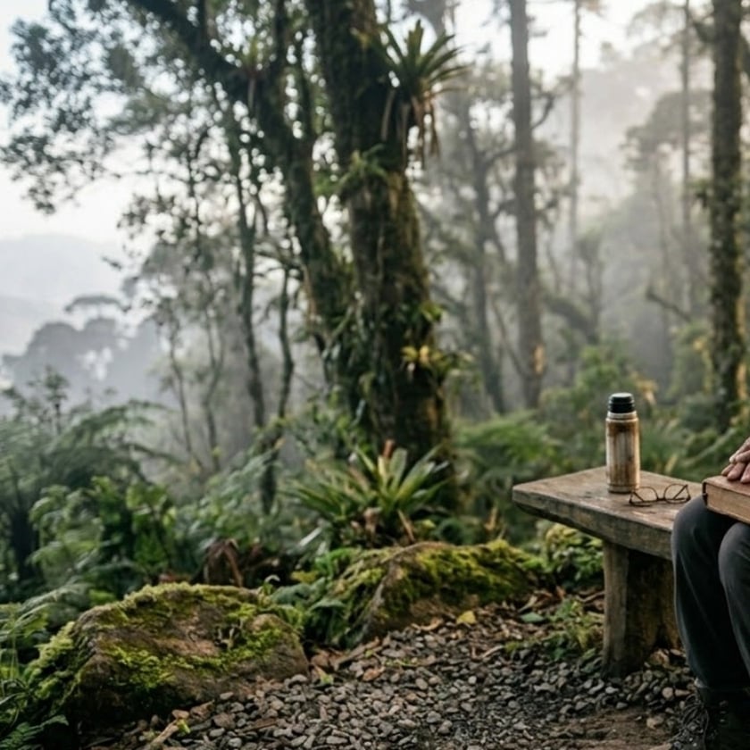 Banco de madeira com garrafa térmica e óculos, ao lado de pessoa com livro em floresta nublada.
