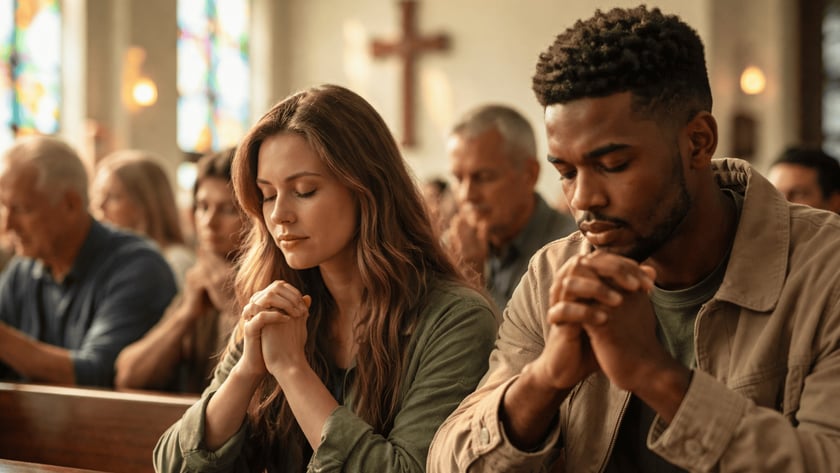 Mulher de olhos fechados e mãos unidas reza num banco de igreja, ao lado de outros fiéis.