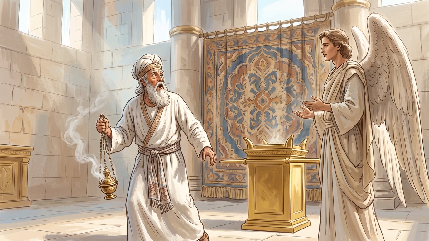 Sacerdote idoso com incensário recua assustado diante de um anjo, ao lado de um altar dourado.