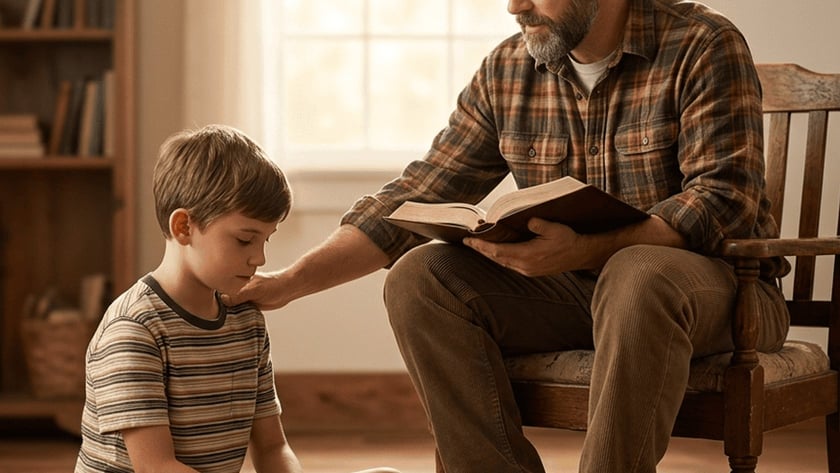 Homem barbado sentado em cadeira, com livro aberto, toca o ombro de um menino sentado no chão.