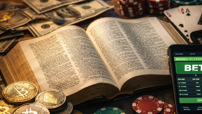 Livro aberto cercado por dinheiro, fichas de pôquer, moedas de bitcoin, cartas e celular com "BET".