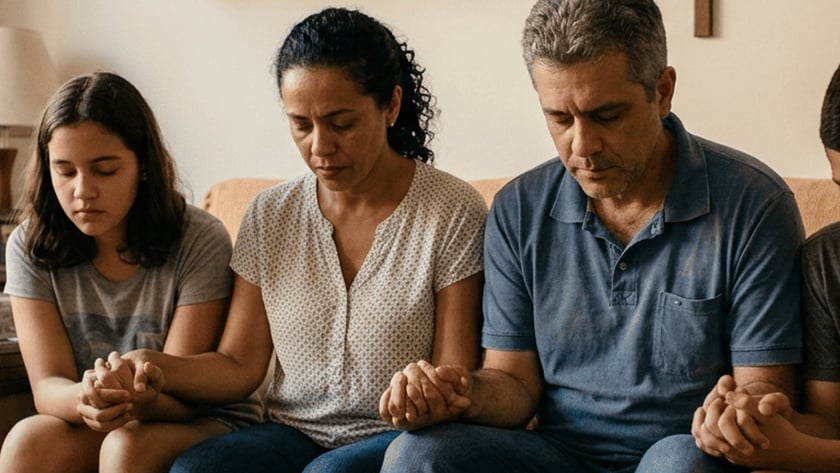 Família de quatro pessoas sentada no sofá, de mãos dadas e olhos fechados, rezando.