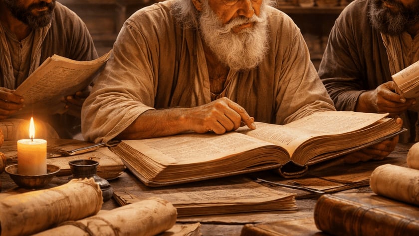 Três homens de turbante leem livros e pergaminhos à luz de velas numa mesa.