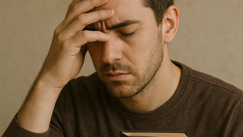 Homem de olhos fechados, com a mão na testa, segura uma Bíblia: "HOLY BIBLE".