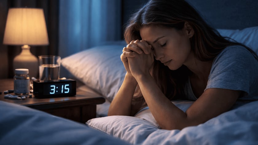Mulher deitada na cama de mãos postas junto ao rosto, ao lado de um relógio marcando "3:15".