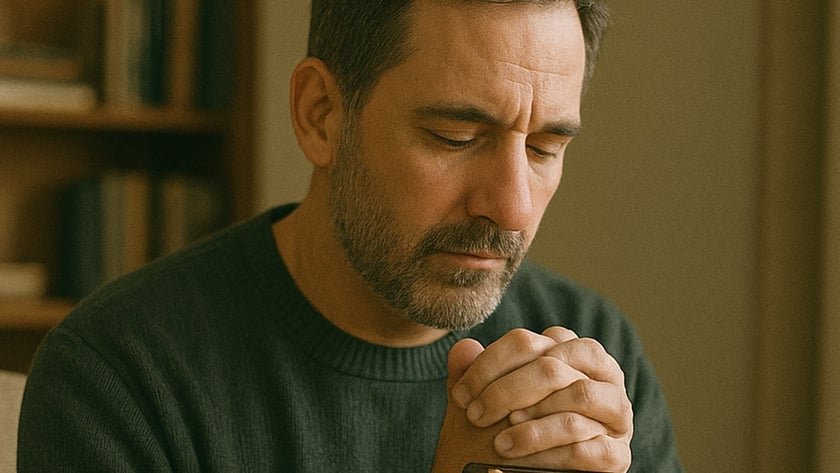 Homem de barba com as mãos unidas sobre uma Bíblia, olhos fechados, em casa: "HOLY BIBLE"