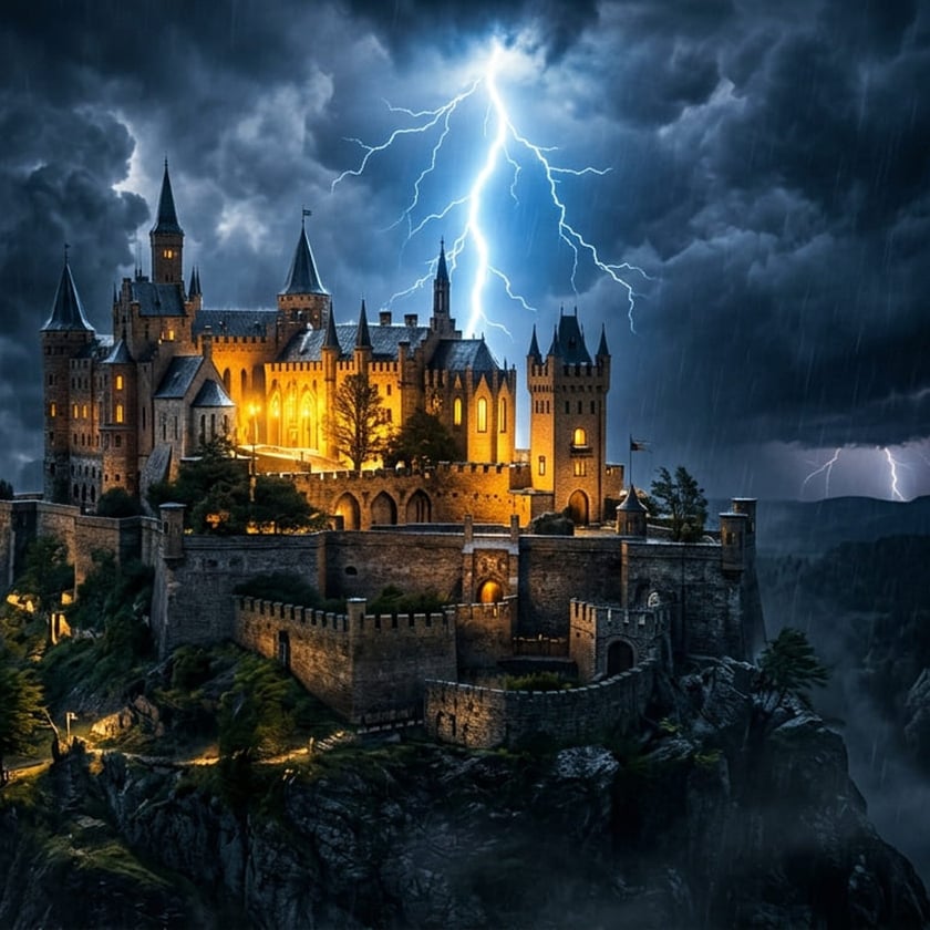 Castelo medieval iluminado no alto de um penhasco durante tempestade com raios.