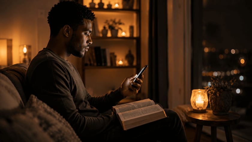 Homem sentado olha o celular, com uma Bíblia aberta no colo, em sala com velas.