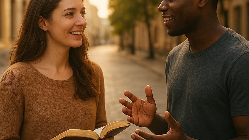 Mulher segurando um livro aberto conversa com um homem em uma rua de paralelepípedos.