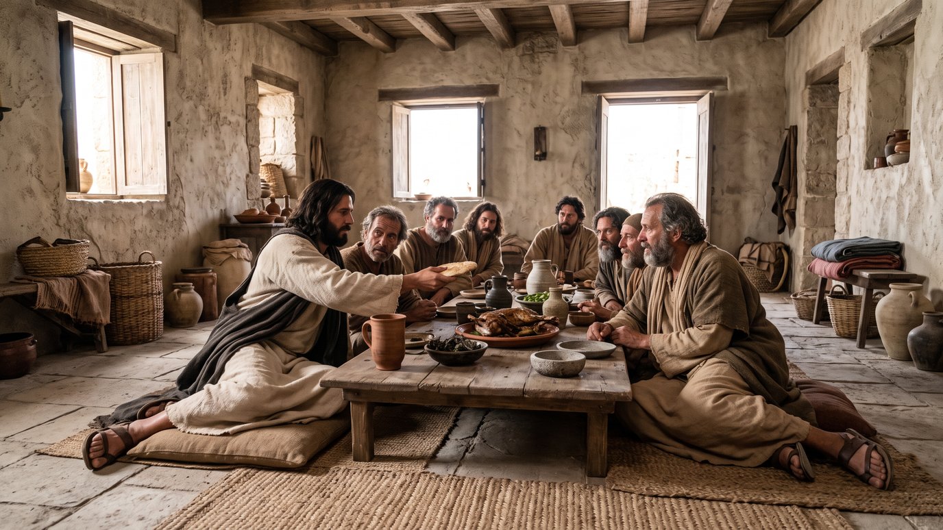 Homens de túnicas sentam-se ao redor de uma mesa baixa, e um deles estende um pão.